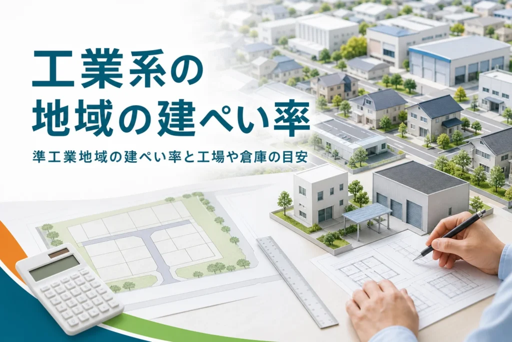 準工業地域の建ぺい率を紹介する記事のアイキャッチ。住宅と倉庫が混ざる街並みと敷地図