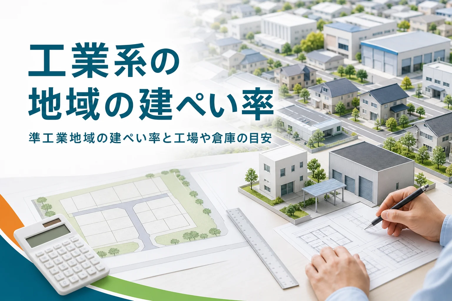 準工業地域の建ぺい率を紹介する記事のアイキャッチ。住宅と倉庫が混ざる街並みと敷地図