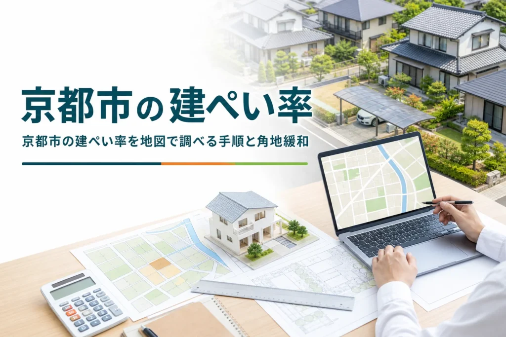 京都市の建ぺい率の調べ方を紹介する記事のアイキャッチ。瓦屋根の住宅街と地図の画面、家の模型