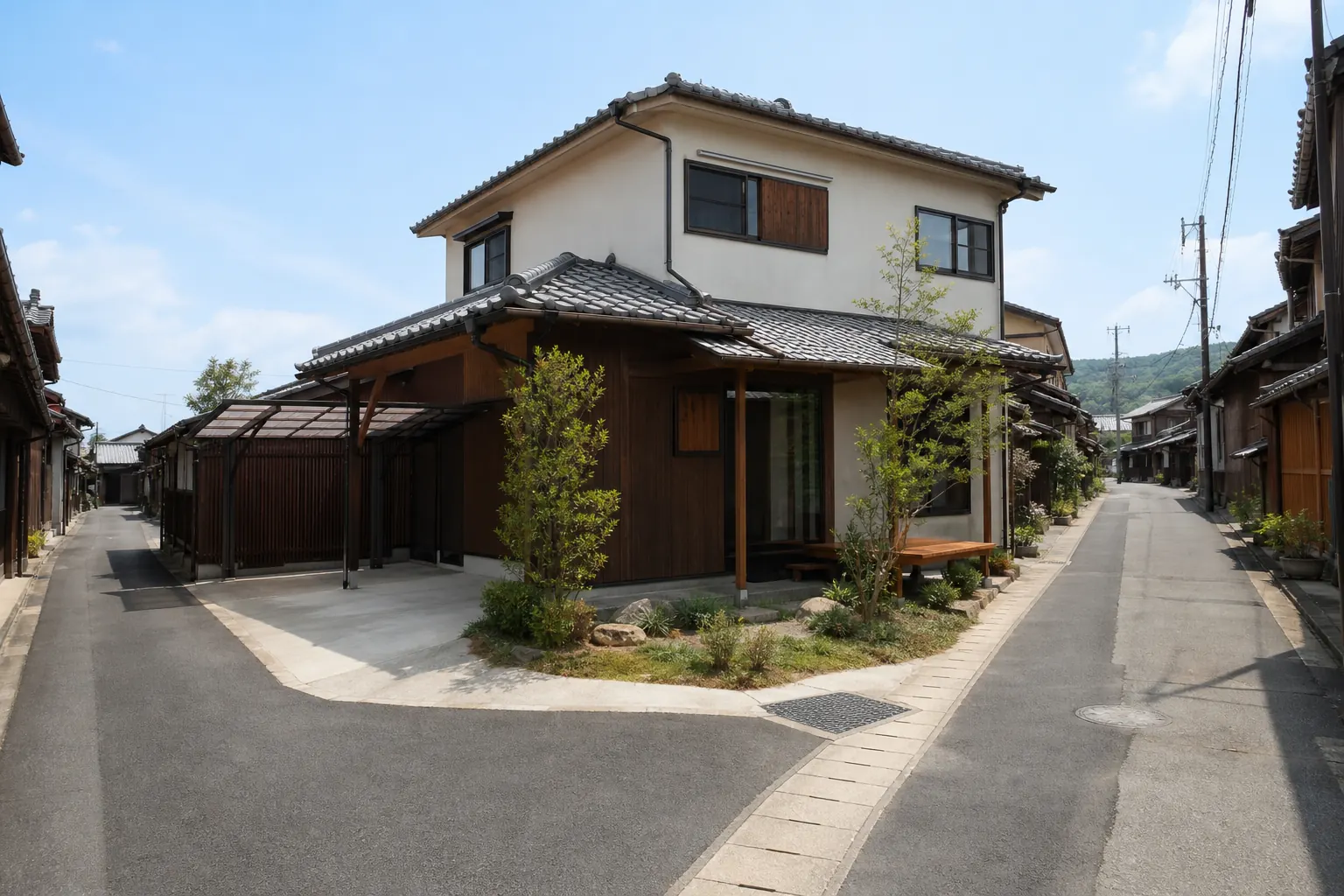 京都市の角地緩和を確かめる場面のイメージとして、細い道が交わる町家の残る住宅街の角地