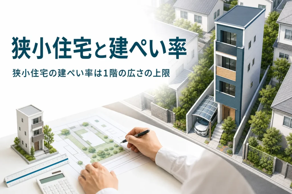 狭小住宅と建ぺい率を紹介する記事のアイキャッチ。小さな敷地の3階建ての家と敷地図
