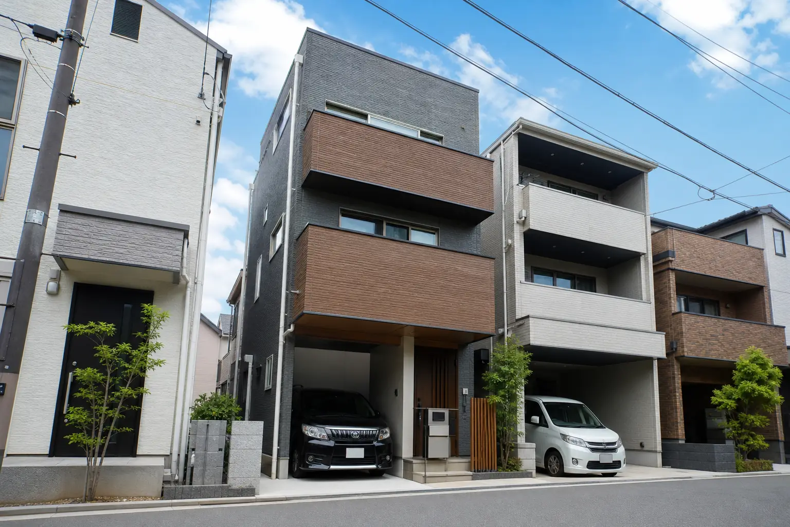 狭い敷地に建つ3階建ての住宅が並ぶ住宅街の様子