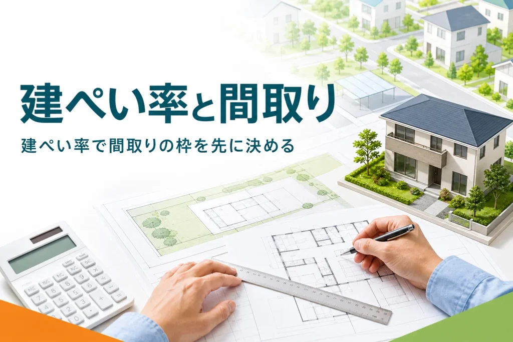 建ぺい率から間取りを考える記事のアイキャッチ。間取りの図面と家の模型を置いた机