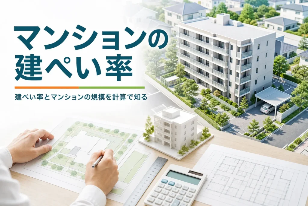 マンションの建ぺい率を紹介する記事のアイキャッチ。集合住宅と敷地図、建物の模型