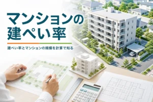 マンションの建ぺい率を紹介する記事のアイキャッチ。集合住宅と敷地図、建物の模型