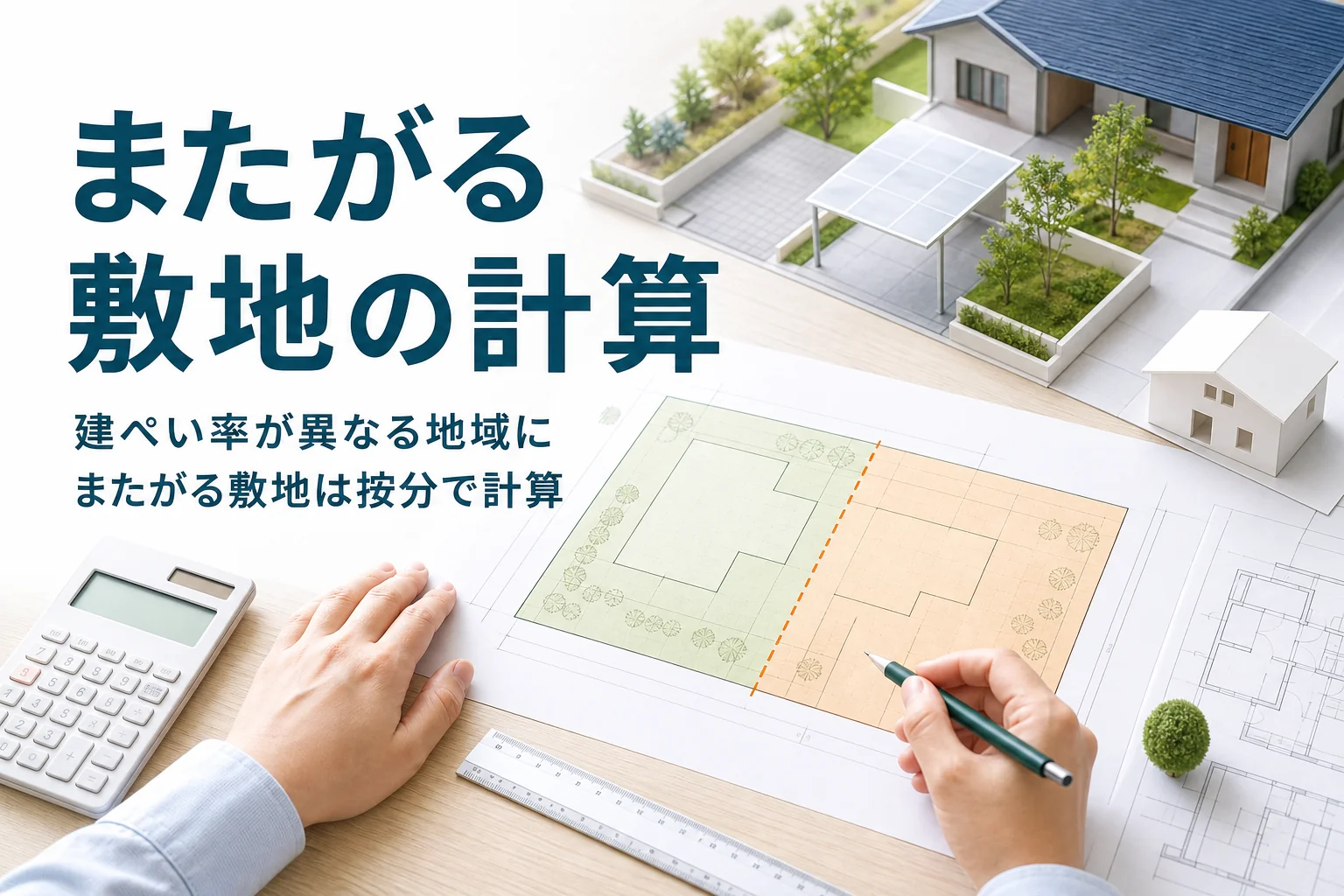 建ぺい率が異なる地域にまたがる敷地の計算を紹介する記事のアイキャッチ。2色に塗り分けた敷地図と電卓