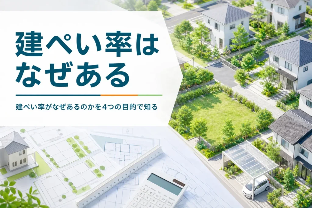 建ぺい率がなぜあるのかを紹介する記事のアイキャッチ。家どうしの間に庭や通路が残る住宅街