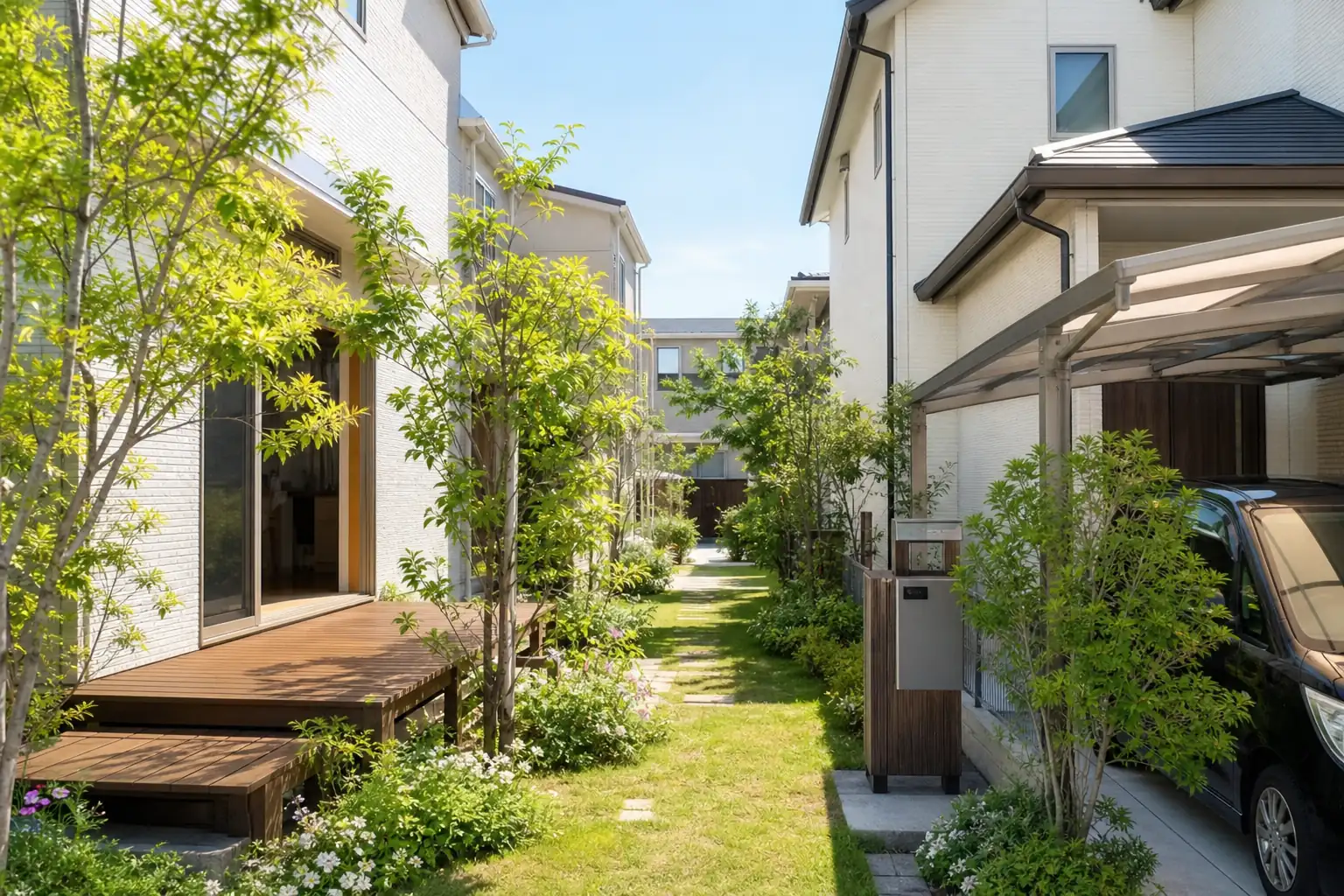 住宅街で、家どうしの間に庭や通路の空き地が残り、日差しが入っている様子の写真