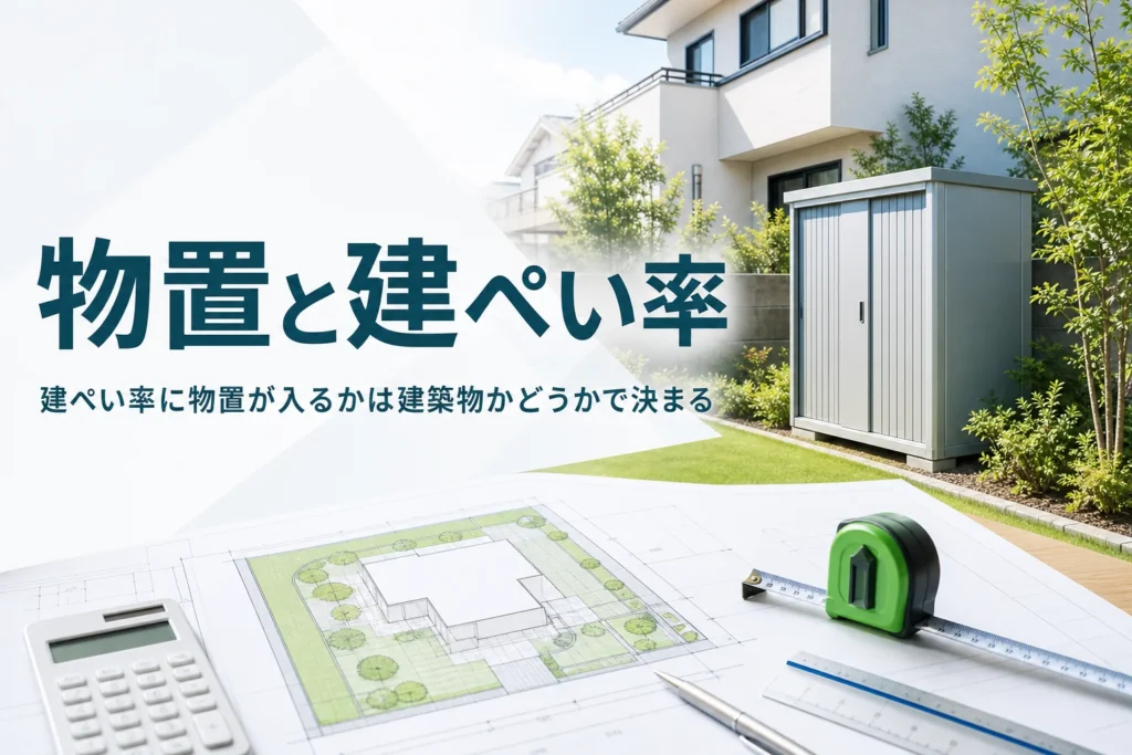 物置が建ぺい率に入るかを紹介する記事のアイキャッチ。庭の物置と敷地図