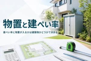 物置が建ぺい率に入るかを紹介する記事のアイキャッチ。庭の物置と敷地図