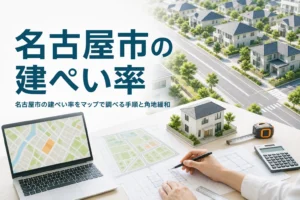 名古屋市の建ぺい率の調べ方を紹介する記事のアイキャッチ。住宅街と地図の画面、家の模型