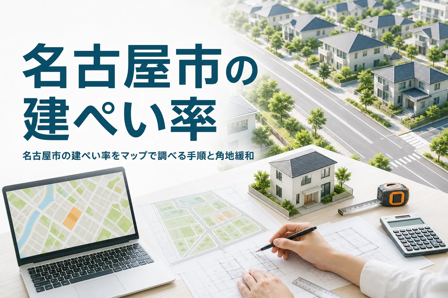 名古屋市の建ぺい率の調べ方を紹介する記事のアイキャッチ。住宅街と地図の画面、家の模型
