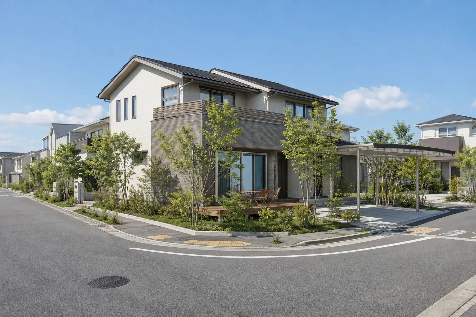 名古屋市の角地緩和を確かめる場面のイメージとして、広めの道路が交わる住宅街の角地