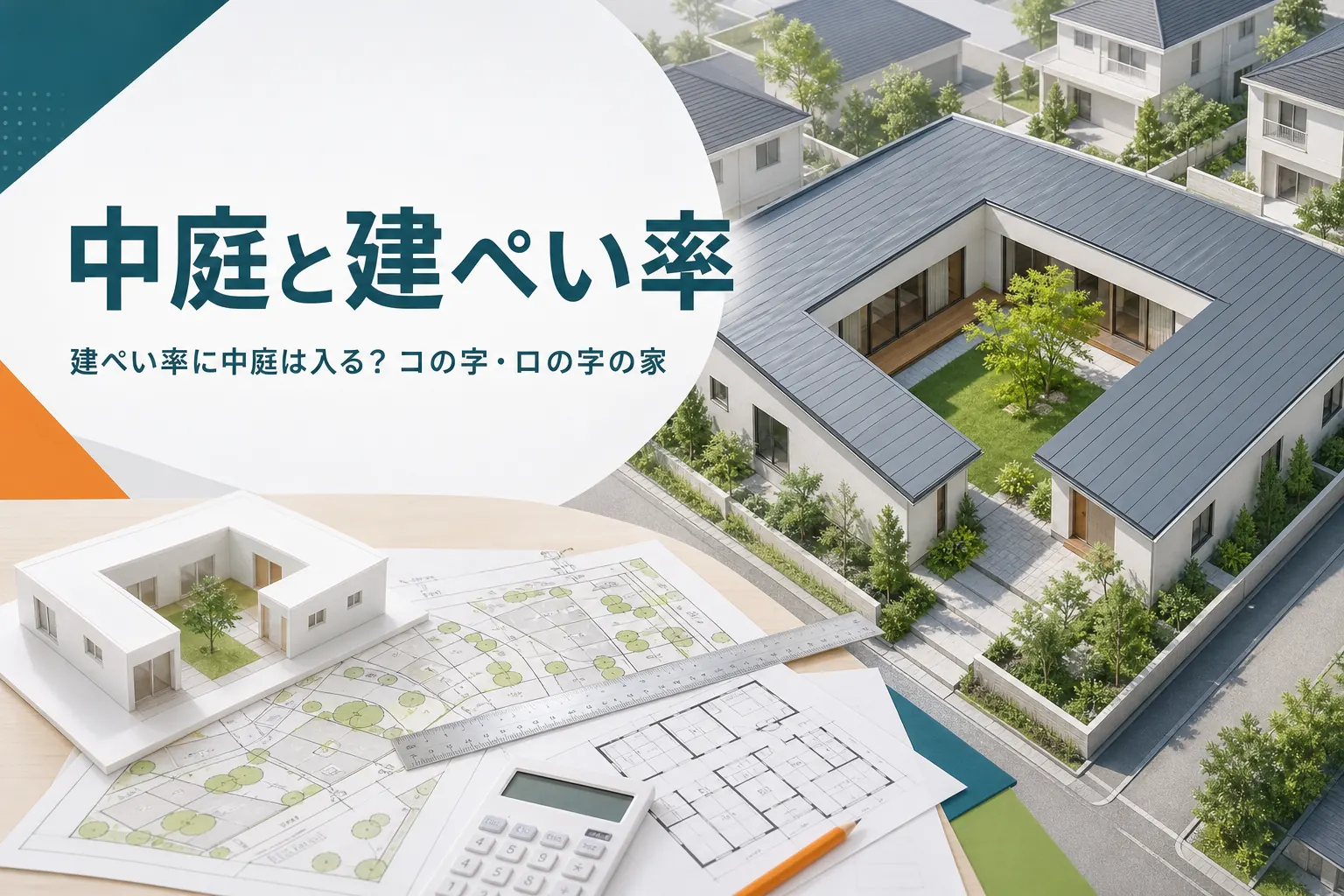 中庭が建ぺい率に入るかを紹介する記事のアイキャッチ。コの字形の平屋と屋根のない中庭
