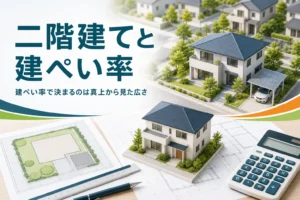 二階建てと建ぺい率の関係を紹介する記事のアイキャッチ。二階建ての家と敷地図、模型を置いた机