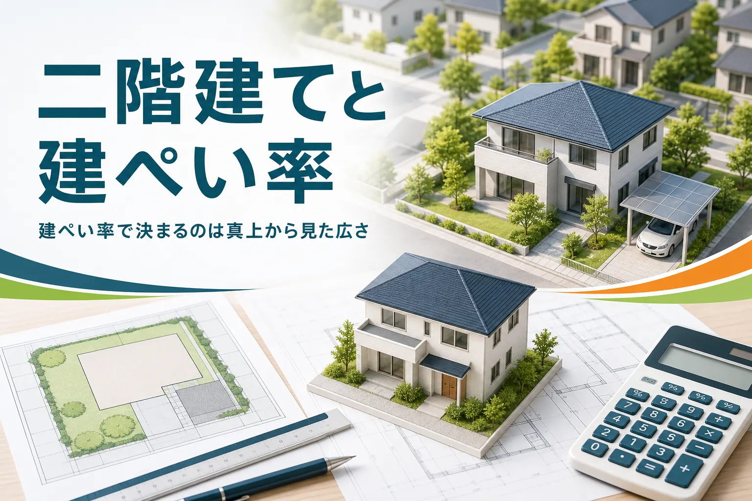 二階建てと建ぺい率の関係を紹介する記事のアイキャッチ。二階建ての家と敷地図、模型を置いた机