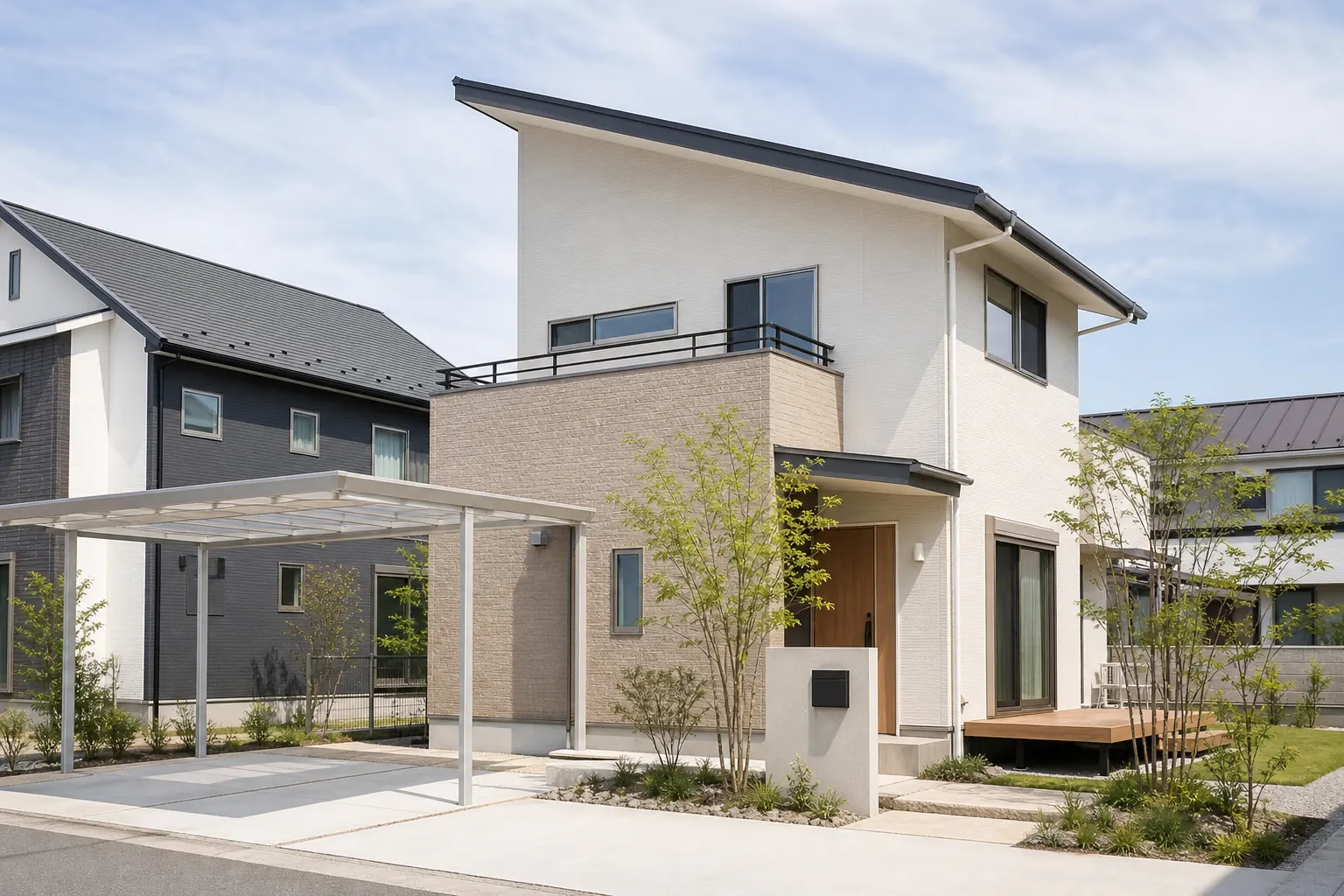 住宅街に建つ二階建ての家の外観。1階の一部に屋根がかかった部分2階の家