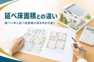 建ぺい率と延べ床面積の違いを紹介する記事のアイキャッチ。1階と2階の平面図と家の模型