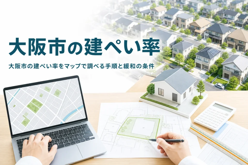 大阪市の建ぺい率の調べ方を紹介する記事のアイキャッチ。市街地の住宅街と地図の画面、家の模型