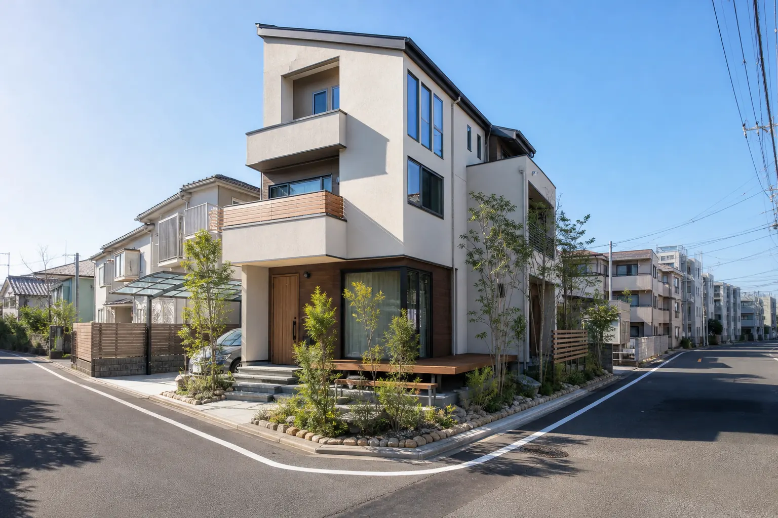 大阪市の角地緩和を確かめる場面のイメージとして、角に隅切りのある市街地の角地の家
