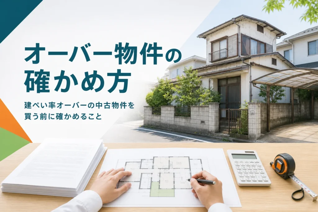 建ぺい率オーバーの中古物件で買う前に確かめることを紹介する記事のアイキャッチ。中古の一戸建てと図面、書類