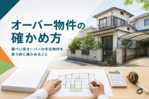 建ぺい率オーバーの中古物件で買う前に確かめることを紹介する記事のアイキャッチ。中古の一戸建てと図面、書類