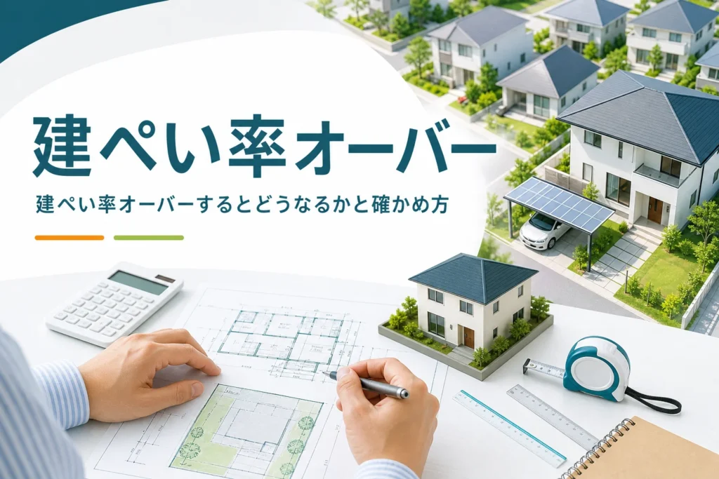 建ぺい率オーバーの扱いと確かめ方を紹介する記事のアイキャッチ。一戸建てと図面、電卓