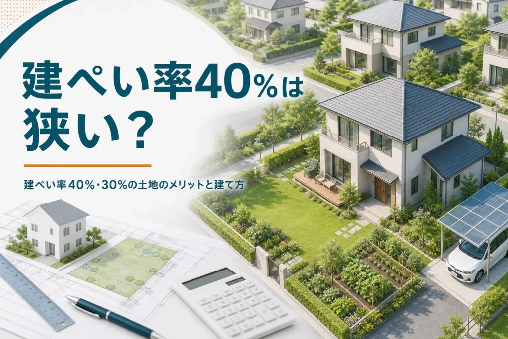 建ぺい率40％・30％の土地のメリットと建て方を紹介する記事のアイキャッチ。広い庭のある家が間隔をあけて並ぶ住宅街