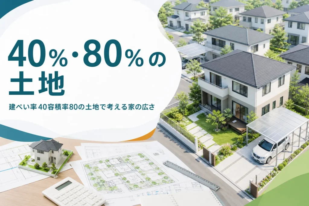 建ぺい率40％・容積率80％の土地で建てられる家を紹介する記事のアイキャッチ。庭の広い2階建ての家
