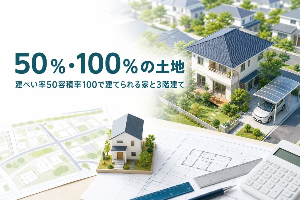 建ぺい率50％・容積率100％の土地で建てられる家を紹介する記事のアイキャッチ。庭のある2階建ての家と図面