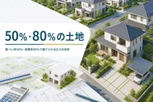 建ぺい率50％・容積率80％の土地で建てられる広さを紹介する記事のアイキャッチ。ゆとりのある低層の住宅街
