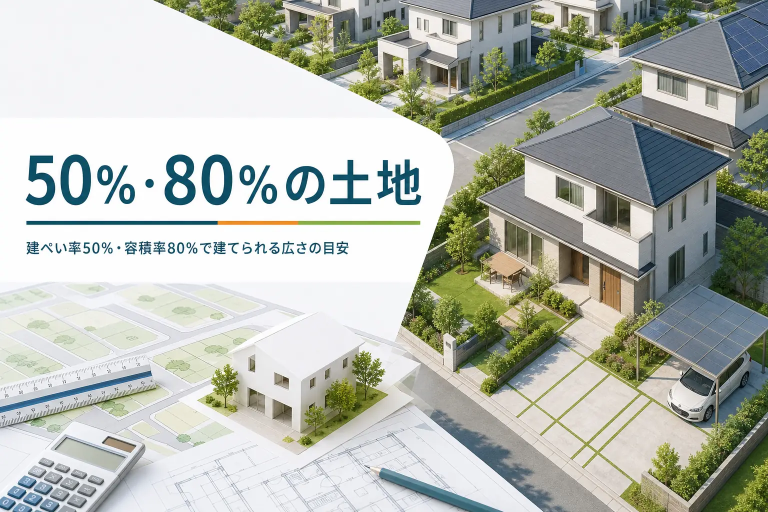 建ぺい率50％・容積率80％の土地で建てられる広さを紹介する記事のアイキャッチ。ゆとりのある低層の住宅街