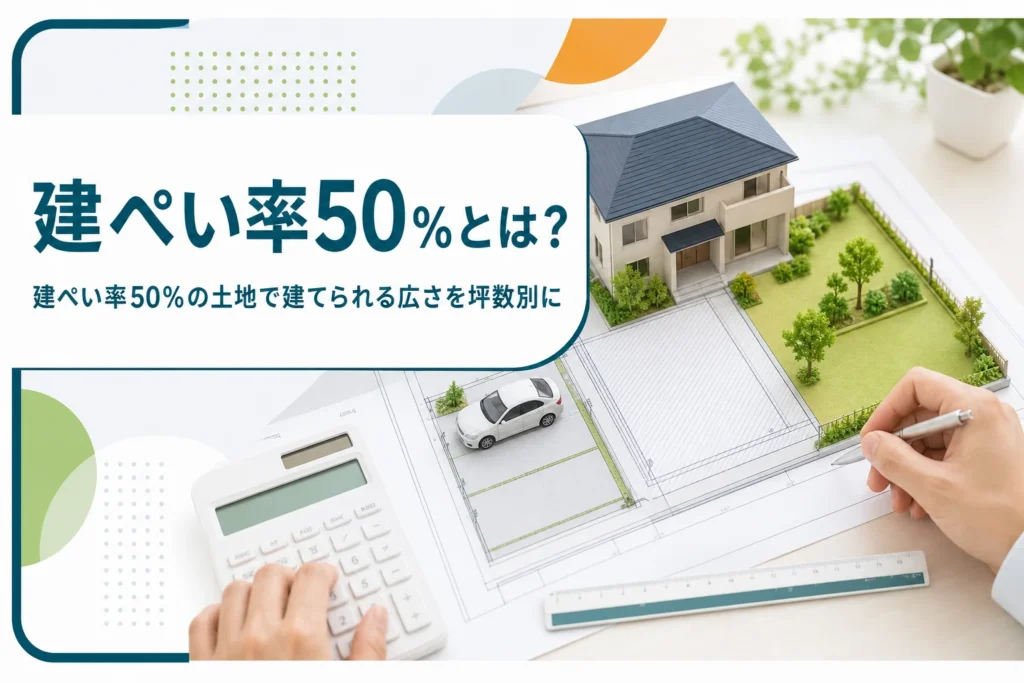建ぺい率50％の意味と建てられる広さを紹介する記事のアイキャッチ。敷地図の半分に置かれた家の模型と庭・駐車場