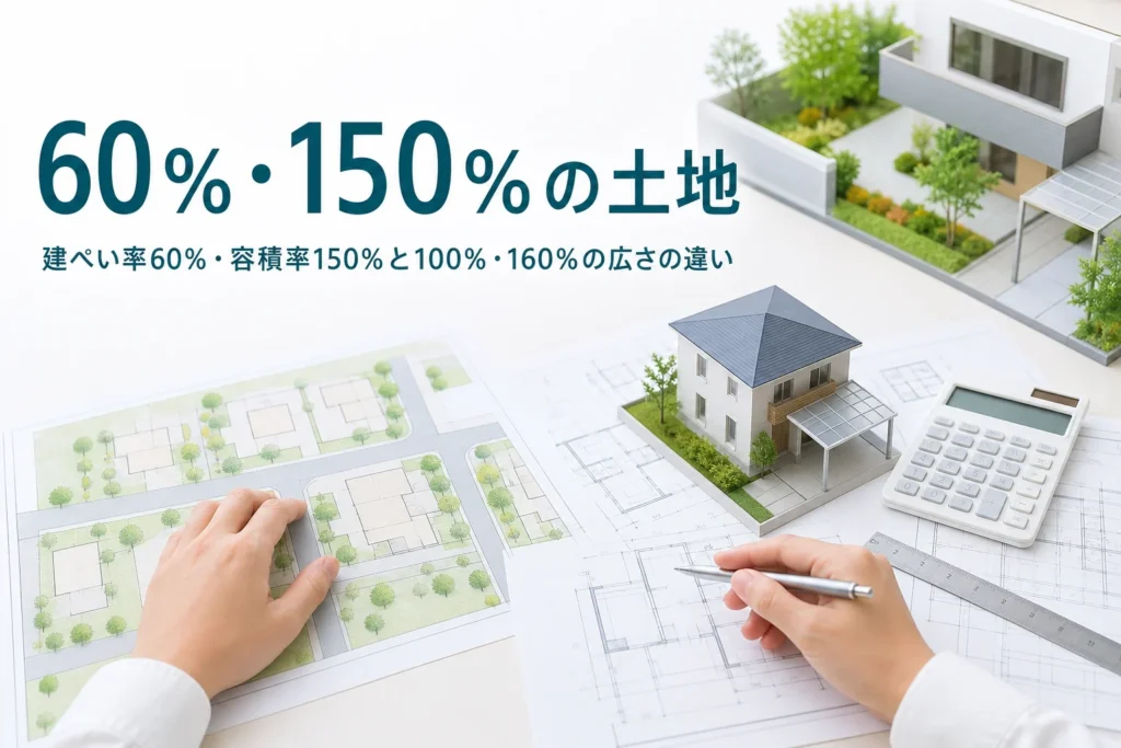 建ぺい率60％・容積率150％の土地の広さを紹介する記事のアイキャッチ。敷地図と家の模型、定規と電卓
