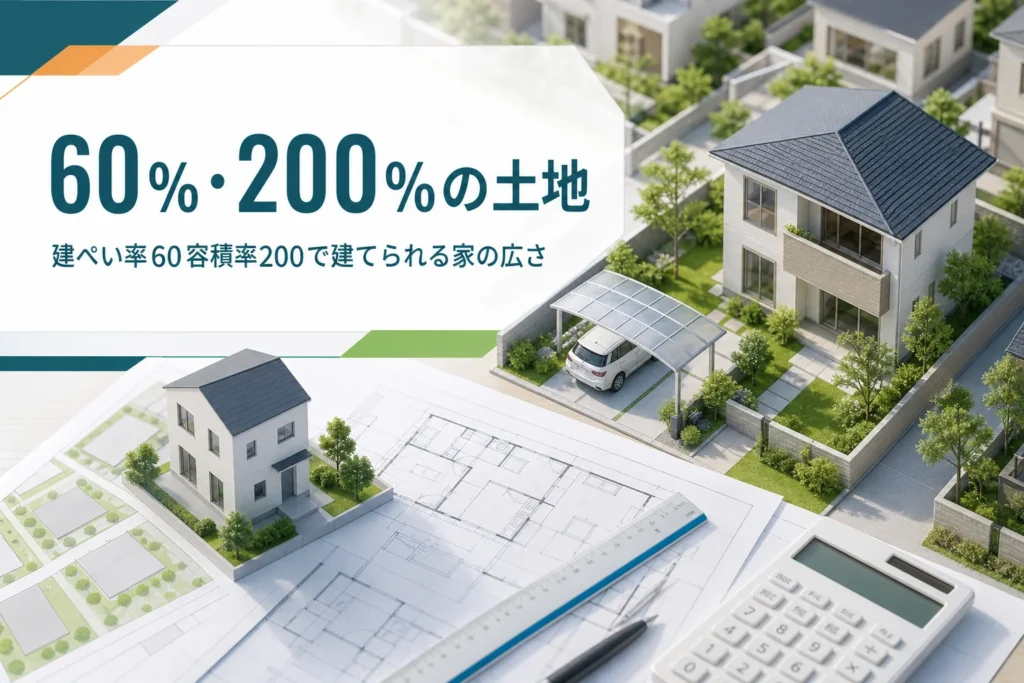 建ぺい率60％・容積率200％の土地で建てられる家の広さを紹介する記事のアイキャッチ。2階建ての家と図面