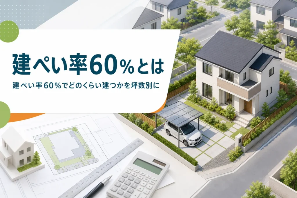 建ぺい率60％の意味を紹介する記事のアイキャッチ。敷地の一部に家が建ち、駐車場と庭が残る住宅街の一区画