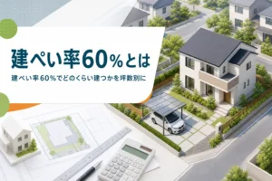 建ぺい率60％の意味を紹介する記事のアイキャッチ。敷地の一部に家が建ち、駐車場と庭が残る住宅街の一区画