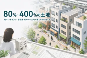 建ぺい率80％・容積率400％の土地での建て方を紹介する記事のアイキャッチ。店舗併用の建物が並ぶ商業系の街並み