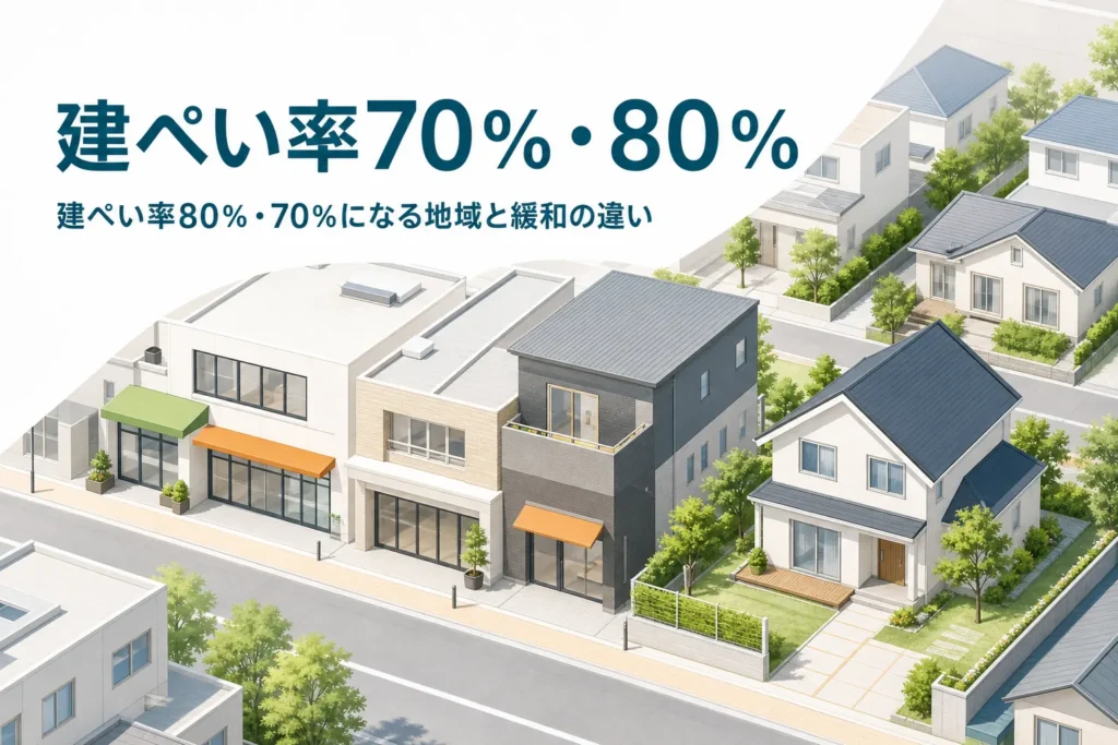 建ぺい率70％・80％を紹介する記事のアイキャッチ。店舗付き住宅と住宅が並ぶ街並み