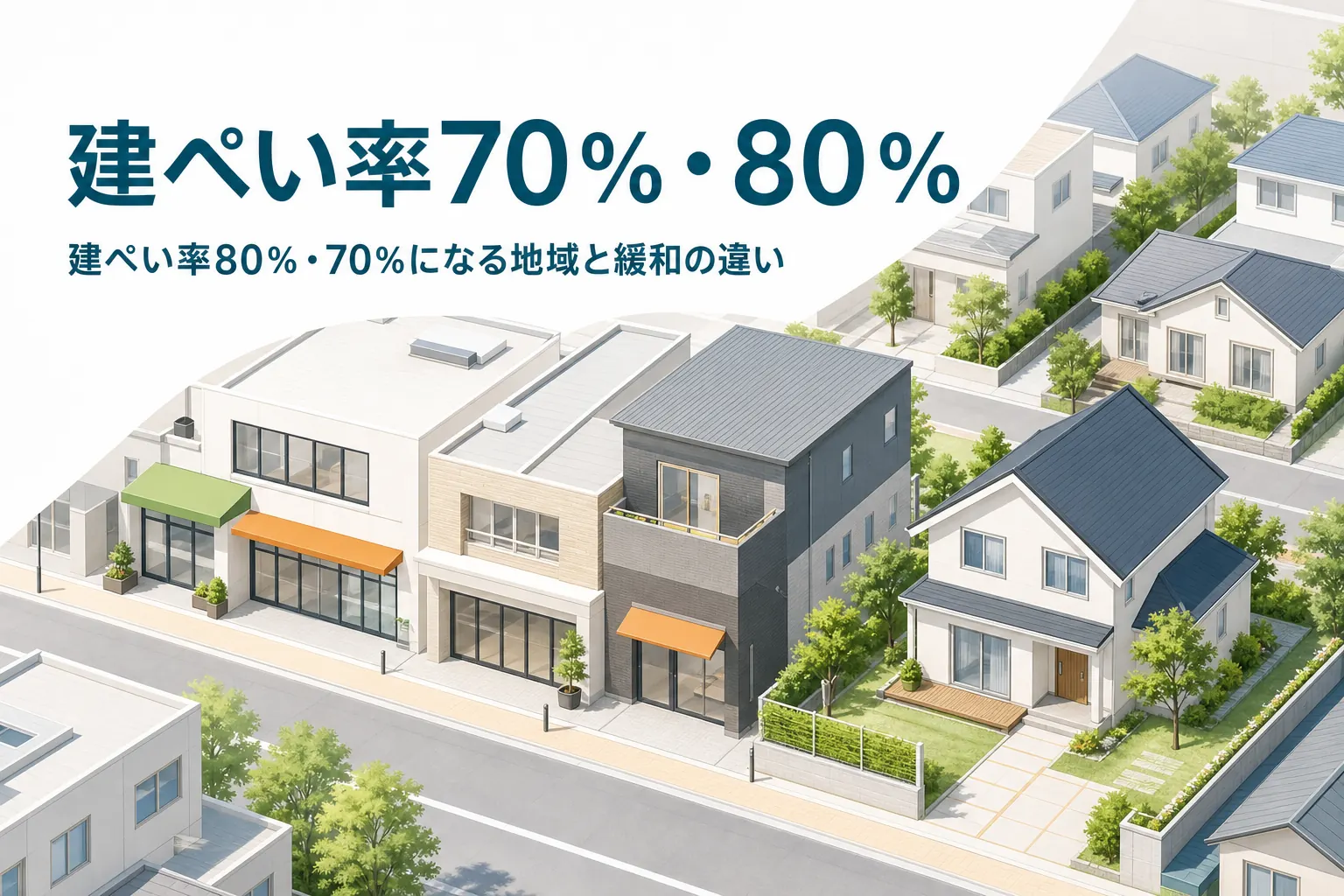 建ぺい率70%・80%を紹介する記事のアイキャッチ。店舗付き住宅と住宅が並ぶ街並み