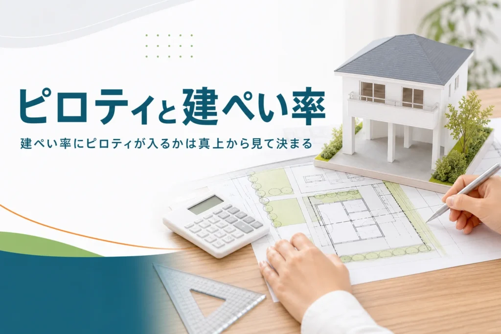 ピロティが建ぺい率に入るかを紹介する記事のアイキャッチ。1階がピロティの家の模型と断面図