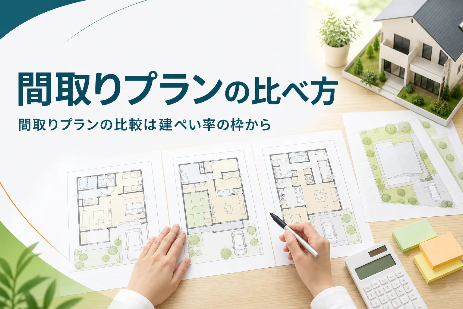 間取りプランの比較と建ぺい率を紹介する記事のアイキャッチ。机に並べた3枚の間取り図と配置図