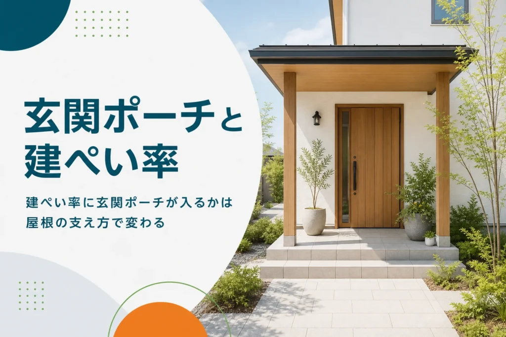 玄関ポーチが建ぺい率に入るかを紹介する記事のアイキャッチ。屋根付きの玄関ポーチがある住宅の玄関まわり
