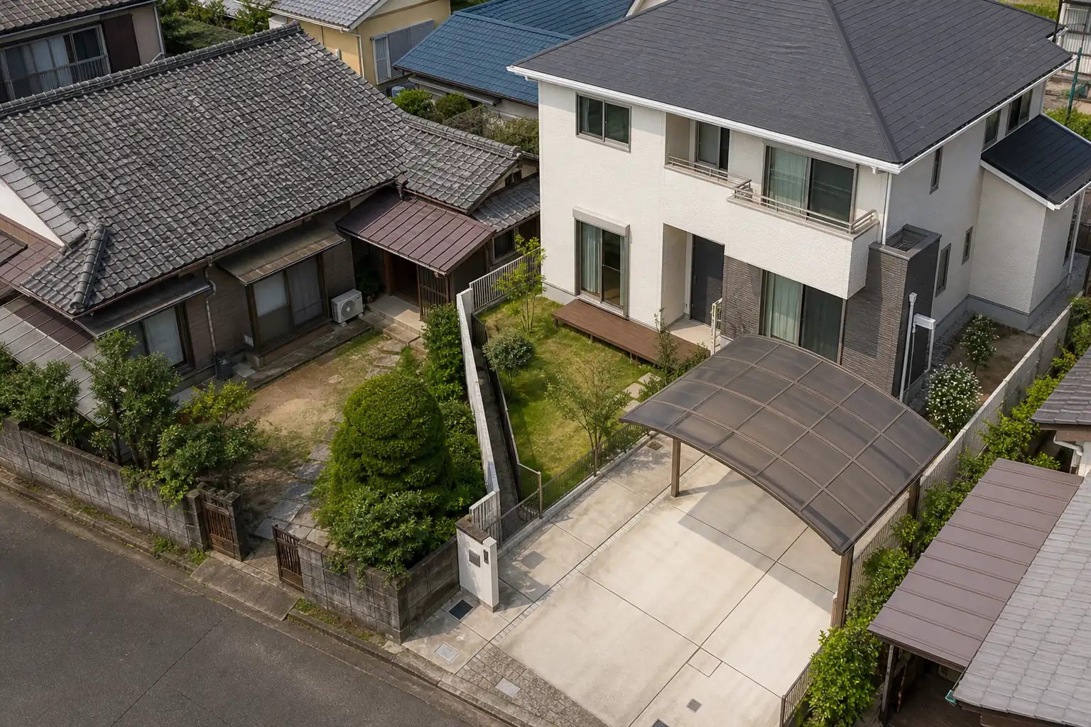 古い住宅と新しい住宅が並ぶ住宅街を斜め上から見た様子の写真