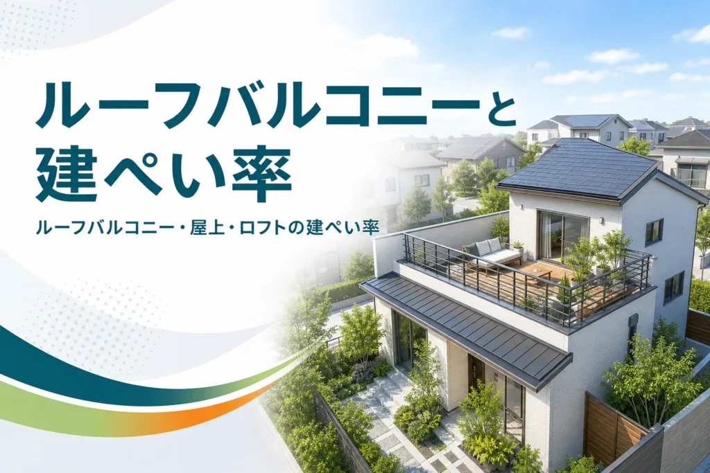 ルーフバルコニー・屋上・ロフトが建ぺい率に入るかを紹介する記事のアイキャッチ。1階の屋根の上にルーフバルコニーがある家
