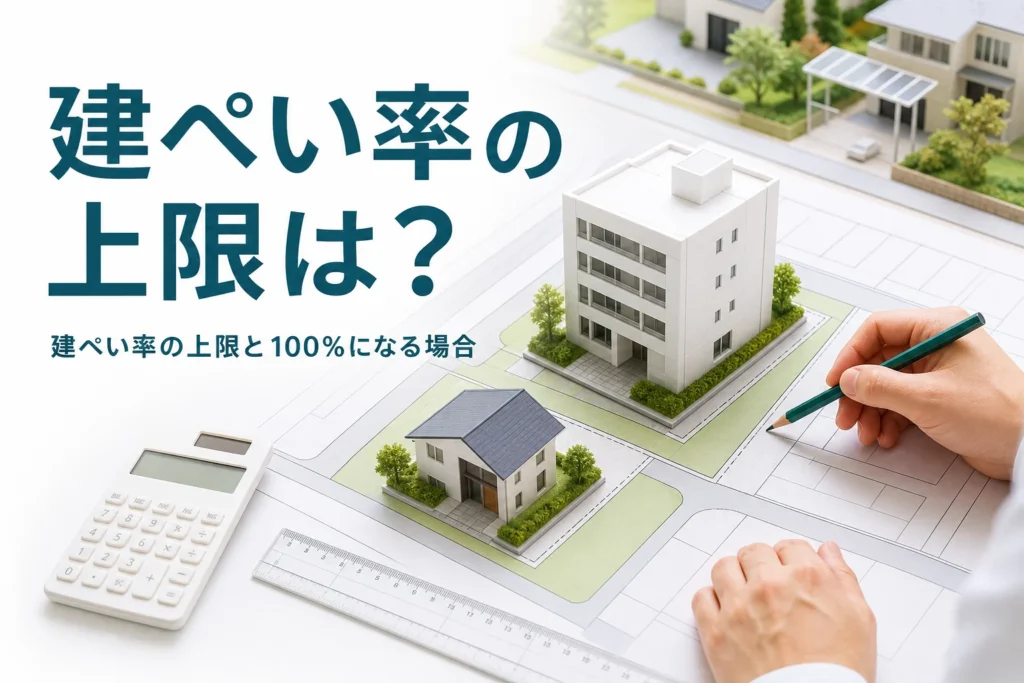 建ぺい率の上限と最大値を紹介する記事のアイキャッチ。敷地図の上に置いたビルと家の模型