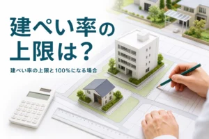 建ぺい率の上限と最大値を紹介する記事のアイキャッチ。敷地図の上に置いたビルと家の模型