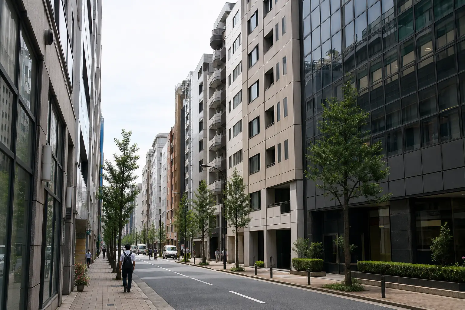駅前の商業地で、敷地いっぱいに近く建つビルが並ぶ街並みの写真