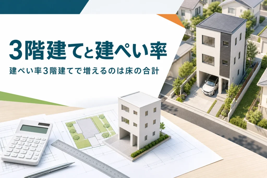 3階建てと建ぺい率の関係を紹介する記事のアイキャッチ。3階建ての家と敷地図、模型を置いた机