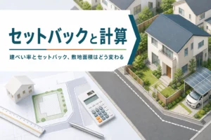 建ぺい率とセットバックの関係を紹介する記事のアイキャッチ。狭い道路に面した住宅街の敷地